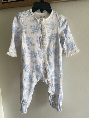 Little Me White and Light Blue Floral Ruffle Footed Pajamas